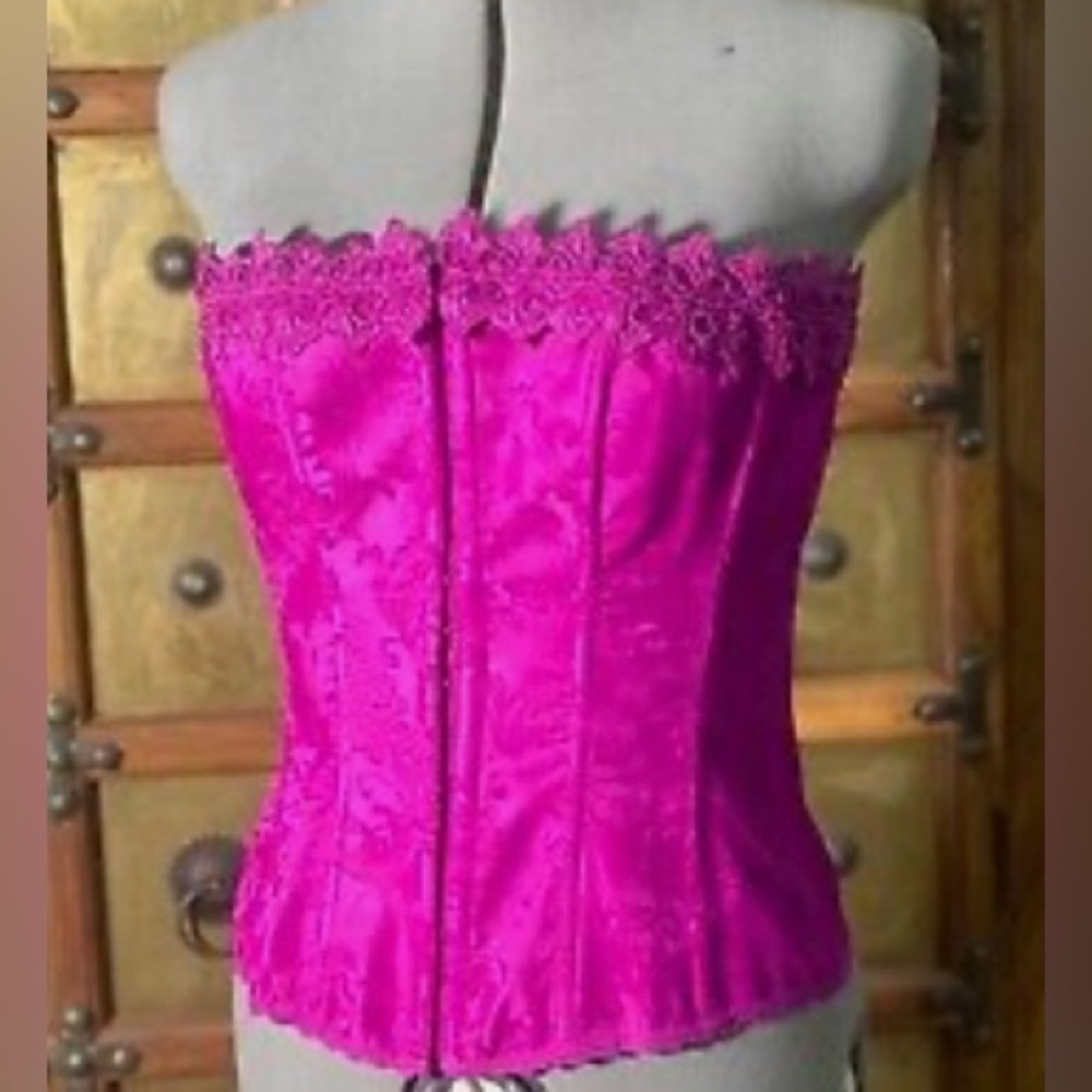 FREDERICK’S OF HOLLYWOOD Sz 34 Fuchsia Pink Lace Brocade Boning Lace Up  Bustier